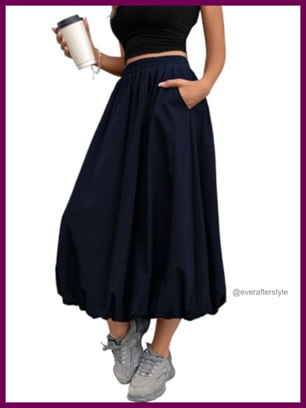 Women's Bubble Skirt Elastic Waist A-Line Long Skirt with Pockets